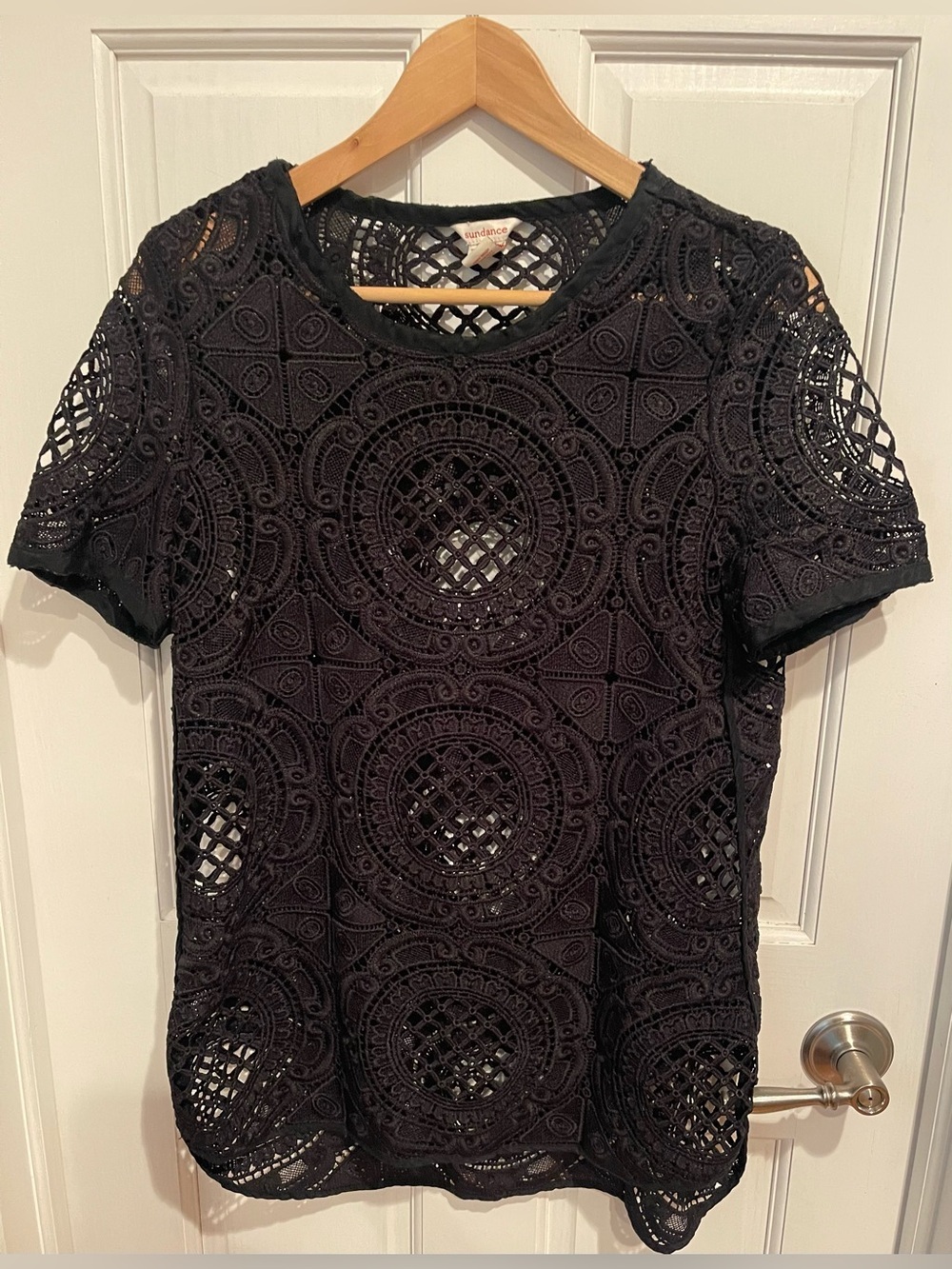 Sundance Black Lace Crochet Short Sleeve Top S